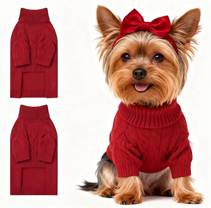 Small Dog Thermal Pullover Sweater, Classic Turtleneck Cable Knitwear Dog Clothes for Cold Weather Warm Pet Clothes for Chihuahua, Bulldog, Dachshund, Pug Red Small
