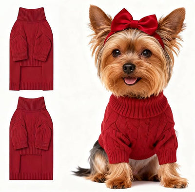 Small Dog Thermal Pullover Sweater, Classic Turtleneck Cable Knitwear Dog Clothes for Cold Weather Warm Pet Clothes for Chihuahua, Bulldog, Dachshund, Pug Red Small