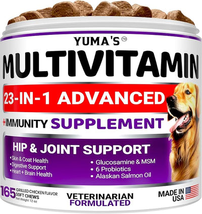 Dog Multivitamin Chewable with Glucosamine - Dog Vitamins and Supplements - 165 Treats - Senior & Puppy Multivitamin for Dogs - Hip & Joint Support - Immune Health, Skin, Heart, Digestion, Probiotics