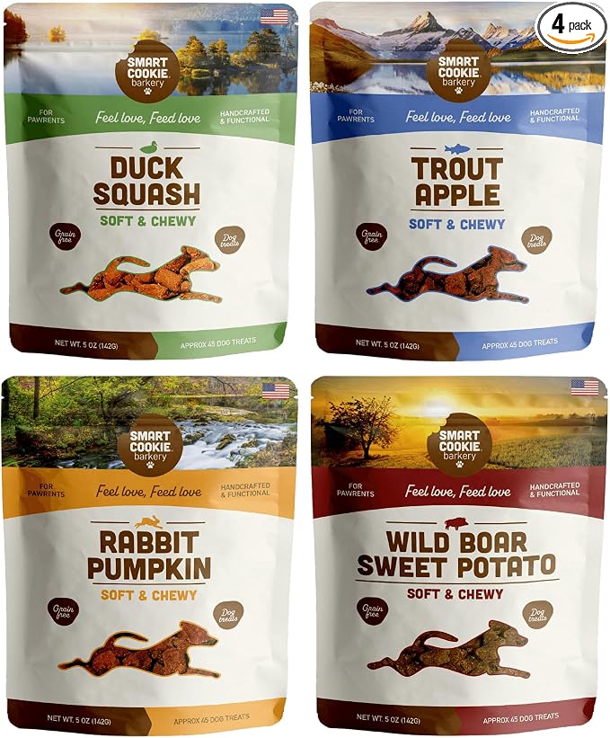 Smart Cookie Healthy Soft Dog Treats Variety Pack - Rabbit, Trout, Wild Boar & Duck - Grain Free Limited Ingredient Training Treats for Dogs with Sensitive Stomach & Allergies, Made in the USA