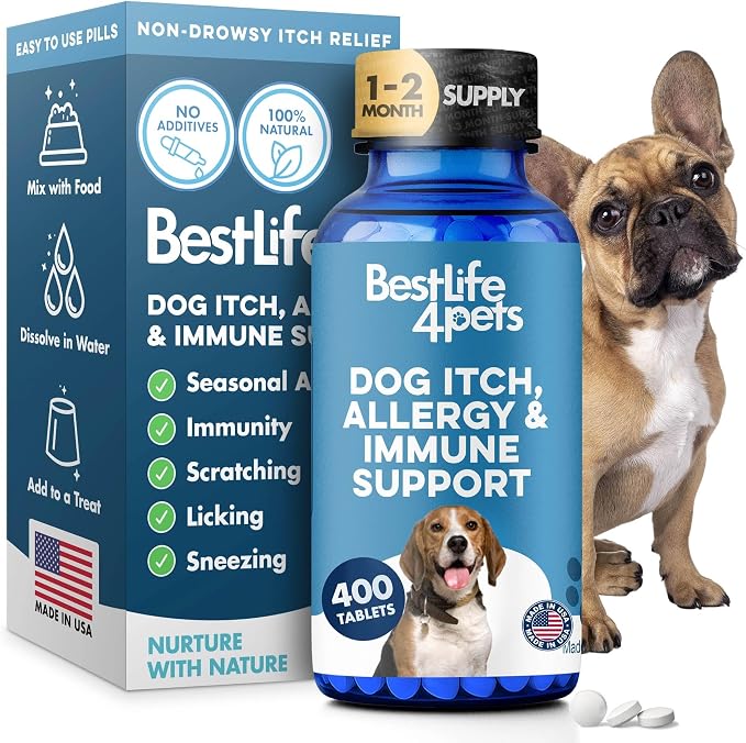 Dog Allergy Relief & Immune System Booster – Homeopathic Formula for Allergy Support & Skin Relief for Dog Itching – Helps with Sneezing, Runny Nose, Swelling, & Seasonal Allergies – 400 Tiny Pills