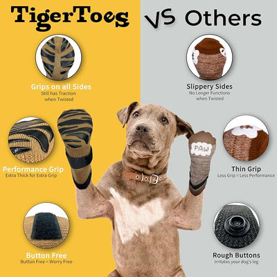 DOK TigerToes Premium Non-Slip Dog Socks for Hardwood Floors - Extra-Thick Grip that Works Even When Twisted - Prevents Licking, Slipping, and Great for Dog Paw Protection (Cool Caramel, X-Large)
