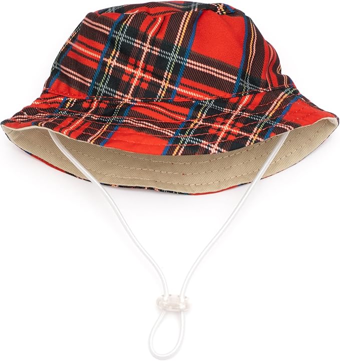 THE WORTHY DOG Plaid Hat for Dogs – Lightweight Pet Sun Hat with Adjustable Chin Strap, Soft Brim & Bright Colors - Red, Medium