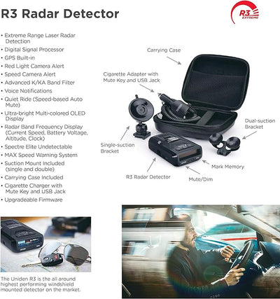 Uniden R3 Extreme Long Range Laser/Radar Detector, Record Shattering Performance,Built-in GPS w/Mute Memory,Voice Alerts, Red Light & Speed Camera Alerts, Multi-Color OLED Display, Black (Pack of 4)