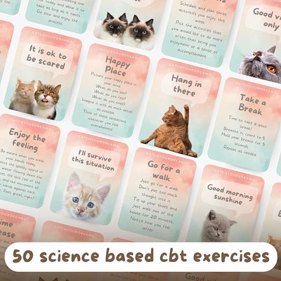 Cats Against Anxiety Cards - 50 Cards by Catchyourdreams for Self Esteem and Stress, Affirmations for Anxiety Emotions Cat Gifts for Women Men (Cats Against Anxiety)