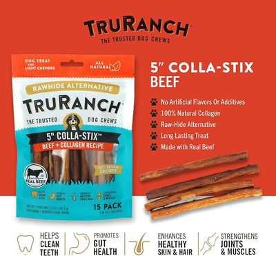 TRURANCH Collagen Sticks - 5" Collagen Sticks for Dogs - Long Lasting Healthy Joint Support - Rawhide Alternative - Skin & Coat Health - Made with Real Beef, Value Pack, 3 Bags, 45 Count