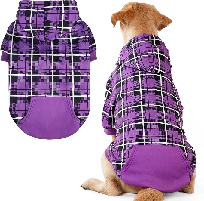 EXPAWLORER Plaid Dog Hoodie - British Style Warm Dog Sweater Shirt with Leash Hole,Pitbull Clothes Outfits,Winter Coat Apparel for All Breeds Puppy Girl Boy-Cat Apparel,Purple X-Large