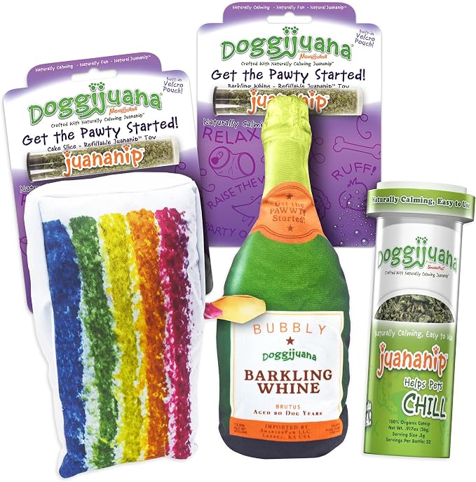 Doggijuana Refillable Juananip Toy Bundle | Cake and Whine Bundle | Funny Dog Toy Plush with Catnip and Refill | Calming Aid for Dogs | Interactive Chew Toy for Play