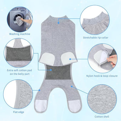 2 Packs Breathable Cotton Dog Recovery Suit for After Neuter Spay Abdominal Wounds Protector, Professional Anti-Licking Onesies for Male Female Pets Surgery Bandages, M Grey Blue Pure
