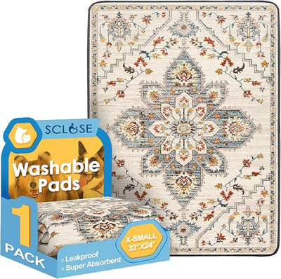 SCLOSE Washable Pee Pad for Dogs, 32" x 24" Reusable Puppy Pads Waterproof Dog Rugs, Super Absorbent, Leakproof, Dog Crate Pad, Playpen Mat, Whelping Pads, White Medallion