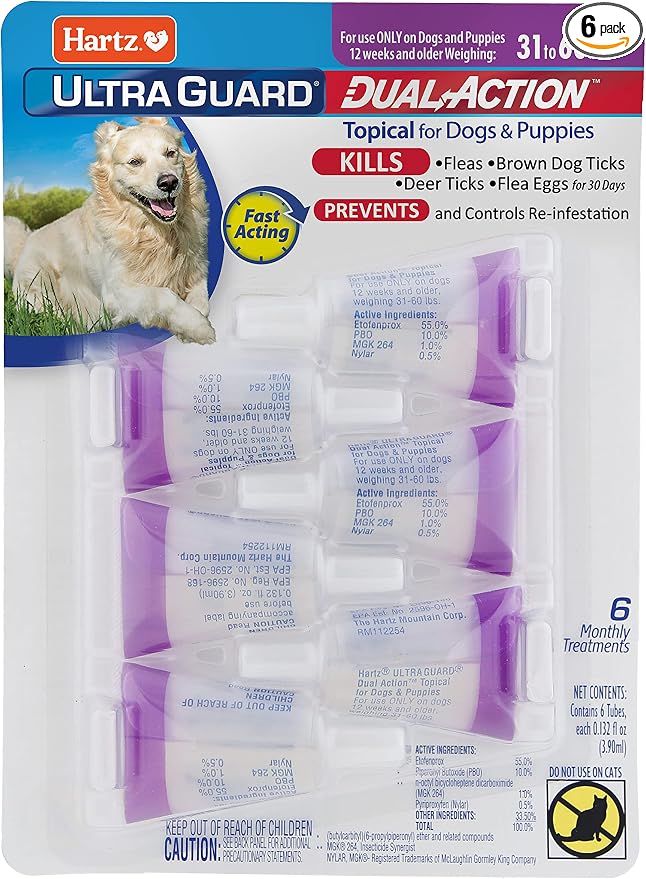 Hartz UltraGuard Dual Action Flea & Tick Topical Dogs & Puppies Treatment & Prevention, 6 Months, 31-60 lbs
