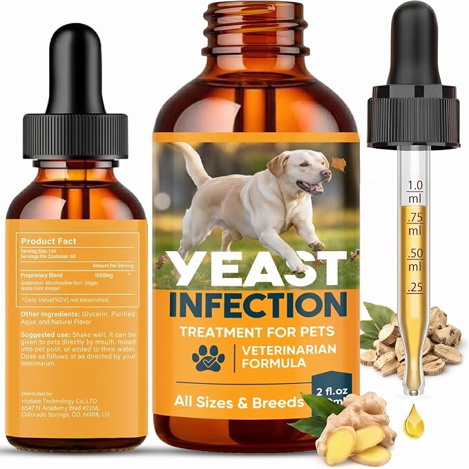 Yeast Infection Treatment for Dogs, Dog Ear Infection Treatment and Anti Yeast Drops, Natural Itch Relief for Skin and Ears, Natural Ingredients Gentle Daily Dogs & Cats Care, 2 Fl Oz