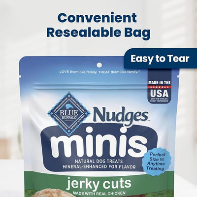 Blue Buffalo Nudges Minis Chicken Jerky Cuts Natural Dog Treats, Bite-Size Meaty Dog Snacks, Healthy Reward or Training Treat, Made in the USA with Real Chicken, No Artificial Preservatives, 10 oz.