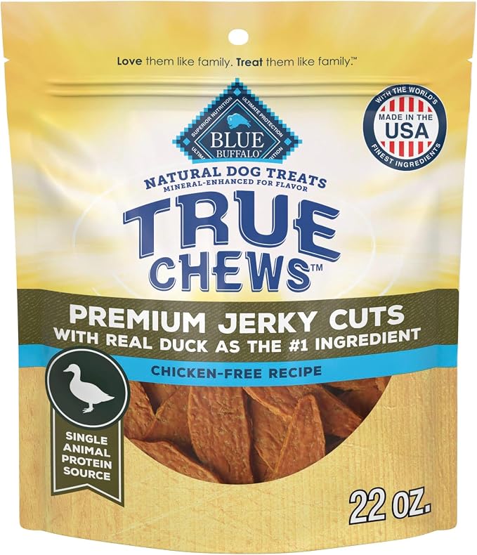 Blue Buffalo True Chews Premium Jerky Cuts with Real Duck, Chicken-Free Natural Dog Treats, Mineral-Enhanced for Flavor, 22 oz. Bag
