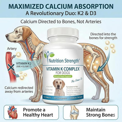 Vitamin K for Dogs - K1 & K2 (MK4 + MK7) + Vitamin D3 for Bone Health, Heart Support & Calcium Absorption - Advanced Formula for Strong Joints, Muscle & Immune Support - 120 Tablets