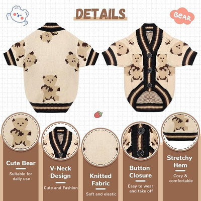 ABRRLO Small Dog Sweaters Cute Bear Dog Cardigans Clothes for Small Medium Dogs Boy Girl Puppy Cat Knitting Cardigan Outfits Dogs Autumn Coats Warm Pet Doggy Clothes Soft Knitwear Apparel (Beige,M)