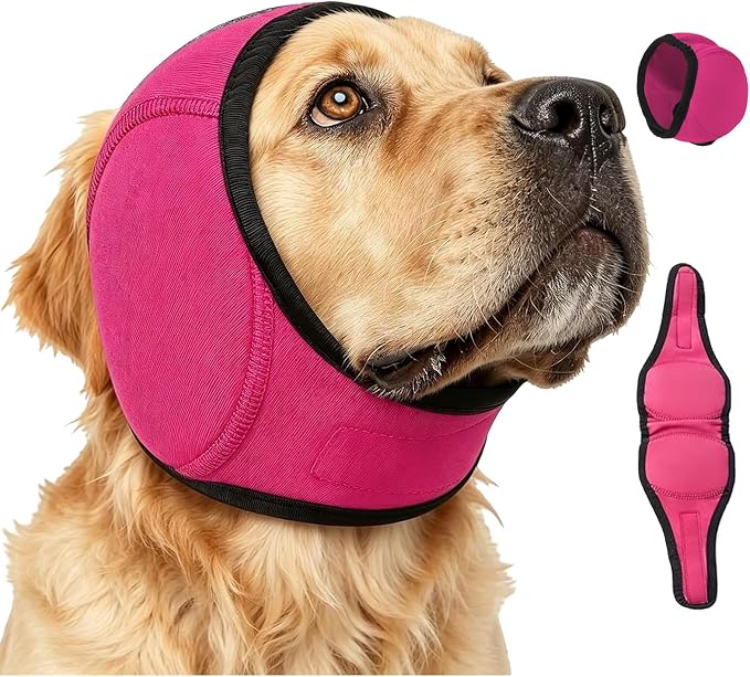 Dog Head Wrap, Dog Ear Muffs Noise Protection, Dogs Ear Covers for Noise, Quiet Ears for Dogs, Anxiety Relief for Thunder, Lightning, Fireworks, Vet Visits, Polyester (Rosered, Large)