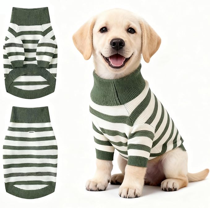 Small Dog Sweater, Knitted Striped Pullover Dog Clothes, Indoor Cozy Stretchy Pajamas for Chihuahua, Bulldog, Dachshund, Pug(Green&White Strip, XL)