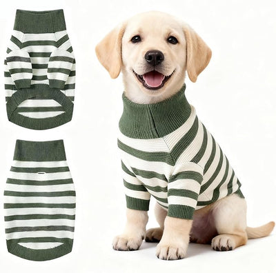 Small Dog Sweater, Knitted Striped Pullover Dog Clothes, Indoor Cozy Stretchy Pajamas for Chihuahua, Bulldog, Dachshund, Pug(Green&White Strip, XL)