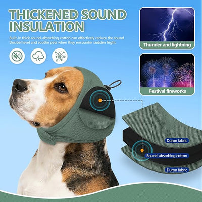 JOHNBOLIN Dog Ear Muffs - No Shake Ear Wrap & Quiet Calming Hoodie, Adjustable Head Snood Cover for Dogs, Noise & Anxiety Relief, Hematoma Protection for Grooming, Bath, Drying, Fireworks (Green, L)