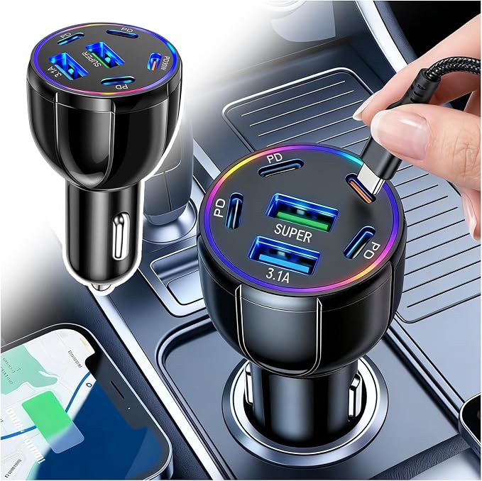 2026 Upgraded 6 Port Car Charger USB C & USB A,75W Fast Car Charger Adapter for Super/PD30W/PD/3.1A,12V/24V Cars Cigarette Lighter Chargers Cars Chargers Port for Phones,Tablets