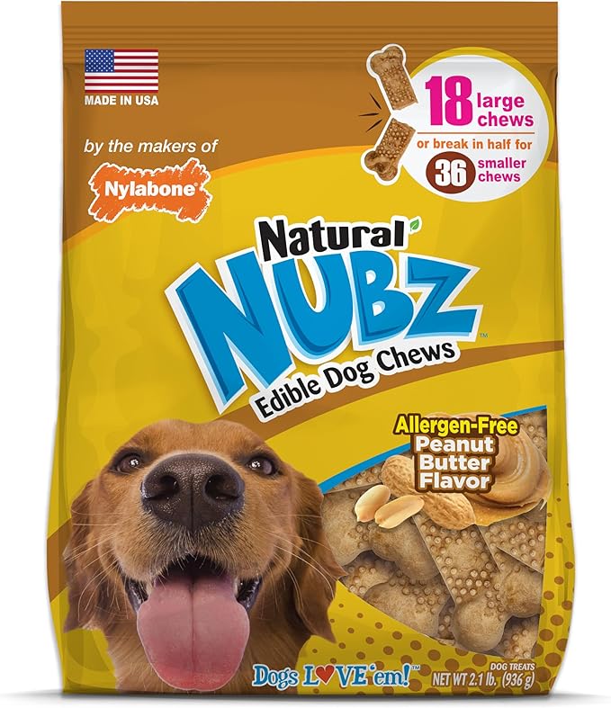 Nylabone Nubz Natural Dog Treats, Long Lasting Chew Bones, Made in the USA, Peanut Butter Flavor Breath Freshener, Large Bones for Dogs Over 30 lbs. (18 Count)