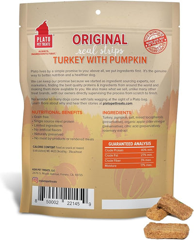 Plato Pet Treats Real Strips - Air-Dried Meat Bars for Dogs - Delicious, Limited Ingredient Dog Treats - Grain Free - Original Real Strips Turkey & Pumpkin 18oz - 2 Pack
