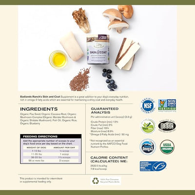 Badlands Ranch - Skin & Coat Canine Supplement w/Omega-3 Fatty Acids, Org. Ingredients, Antioxidant Topper, Nourish Coat &Paws, Joint, Support Shiny Coat & Healthy Skin by Katherine Heigl (30 Scoops)