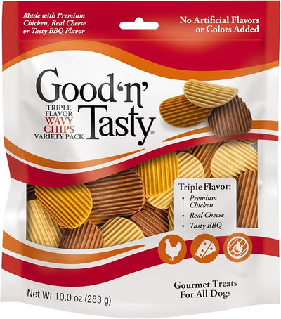 Good ‘n’ Tasty Triple Flavor Wavy Chips Variety Pack, 10 oz, Treats for Dogs
