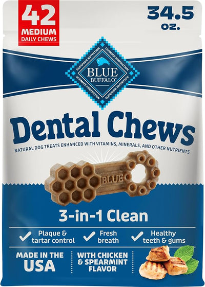 Blue Buffalo Natural Dental Chews for Medium Dogs 20-50 lbs., Chicken & Spearmint, Daily Teeth Cleaning Dog Treats, Enhanced with Vitamins & Minerals, 34.5-oz. Bag (42 Treat Count)