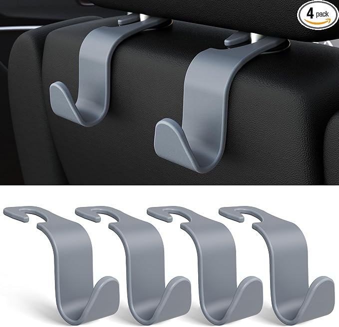 Amooca Car Seat Headrest Hook 4 Pack Hanger Universal Vehicle Car Storage Organizer for Handbag Purse Coat S Type Grey