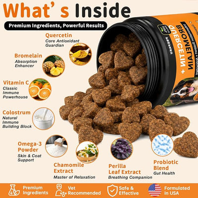 Quercetin with Bromelain for Dogs - Allergy & Itch Relief Chews with Colostrum & Probiotics - Supports Immune System, Relieves Itchy Skin & Paw Licking - Anti-Inflammatory Antioxidants -150 Soft Chews