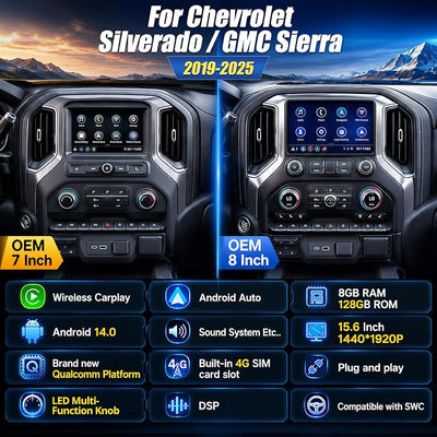 AuCar 836PRO 15.6 Inch Touchscreen with LED knobs Android 14 Car Radio for GMC Sierra Chevrolet Silverado 2019-2025 Head Unit GPS Navigation Wireless Carplay Android Auto 128GB US 1 Yr Service