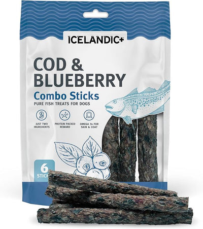 Icelandic+ Combo Sticks: Cod & Blueberry - 6 Count- Dog Treats, Crunchy 2 Ingredient Pet Snacks, Preservative Free, Wild Caught Fish, Slow Baked, Natural