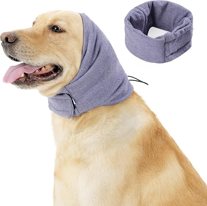 Meifsou Quiet Ears for Dogs - Adjustable Ear Covers for Noise, No Shake Dog Head Wrap, Dog Calming Hood for Thunder, Lightning, Fireworks, Vet Visits, Polyester and Stretch Cotton Blend, Purple S