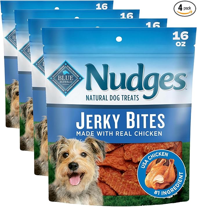 Blue Buffalo Nudges Jerky Bites Dog Treats, Made in the USA with Natural Ingredients, Bite-Sized Pieces, Chicken, 16-oz Bag, (Pack of 4)