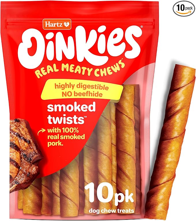 HARTZ Oinkies Natural Smoked Pig Skin Twist Dog Treat Chews - 10 Pack