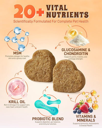24-in-1 Multivitamin Dog Supplement, 300 Soft Chews – Glucosamine & Chondroitin for Joint Support, Probiotics for Gut Health, Omega Fish Oil for Skin & Coat, Daily Dog Vitamins
