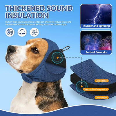 JOHNBOLIN Dog Ear Muffs - No Shake Ear Wrap & Quiet Calming Hoodie, Adjustable Head Snood Cover for Dogs, Noise & Anxiety Relief, Hematoma Protection for Grooming, Bath, Drying, Fireworks (Blue, L)