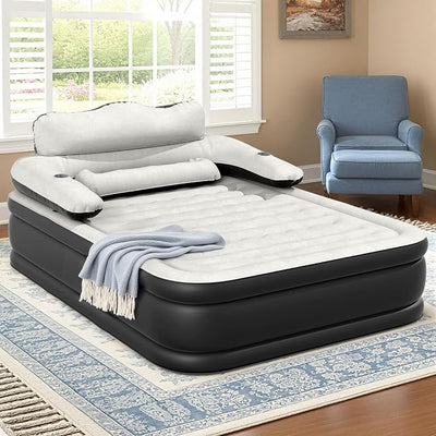 DWVO FullXL Size Air Mattress with Headboard & Cup Holders, Blow Up Bed with Built-in Pump & Carry Bag, Fast Inflation Air Bed for Home, Guests & Camping, 80" x 53" x 18", Gray
