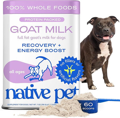 Native Pet Goat Milk Powder - Dog Food Topper for Active Dogs - Post-Activity Recovery, Energy, Immune Support, Hydration & Bone Health - Whole Goat Milk with MCTs & Essential Minerals - 60 Scoops