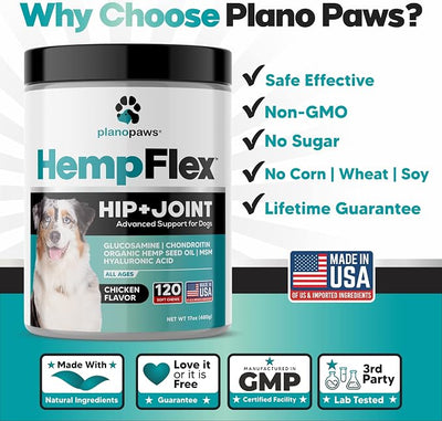 HempFlex - Glucosamine Chondroitin for Dogs - Hemp Oil for Dogs - Safe Dog Joint Supplement for All Breeds - 120 Mobility Hemp Dog Treats - Hip & Joint Support for Dogs - Joint Supplement for Dogs
