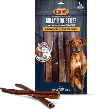 Cadet Bully Hide Sticks for Large Dogs, All-Natural Beef Pizzle, Limited-Ingredient Long-Lasting Dog Chews for Aggressive Chewers, 7 Count