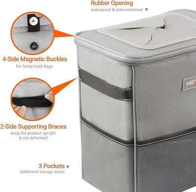 HOTOR 3 Gallons Car Trash Can, Ultra Large Capacity Organizer and Storage with Adjustable Straps & Magnetic Snaps, Waterproof Car Accessory for Interior Car Stuff Storage, Gray