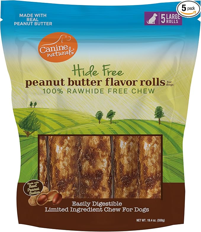 Canine Naturals Peanut Butter Chew - 100% Rawhide Free Dog Treats - Made with Real Peanut Butter - All-Natural and Easily Digestible - 5 Pack of 7 Inch Large Rolls for Dogs 50-75lb