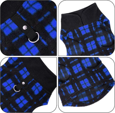 Rbenxia 1 PC Plaid Dog Sweaters with Leash Ring Soft Fleece Vest Dogs Pullover Warm Jacket Pet Dogs Clothes Winter Dog Outfits for Small Puppy Cat Pets (Blue and Black, Medium)