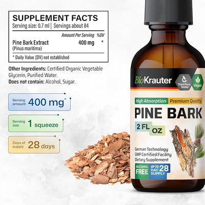 BIO KRAUTER® Pine Bark Extract for Circulatory & Antioxidant Support - Vegan French Maritime Pine Bark Herbal Supplements - Natural Antioxidants & Skin Support - 400 mg per Serving, 2 Fl. Oz.