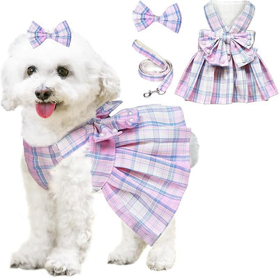 Dog Dress Bowknot Harness Leash Set for Small Dogs Girl Cute Plaid Dog Dress Pearls Bow Tie Spring Summer Princess Clothes Birthday Holiday Doggie Outfits for Puppy Cats Girl Apparel (Pink, Large)