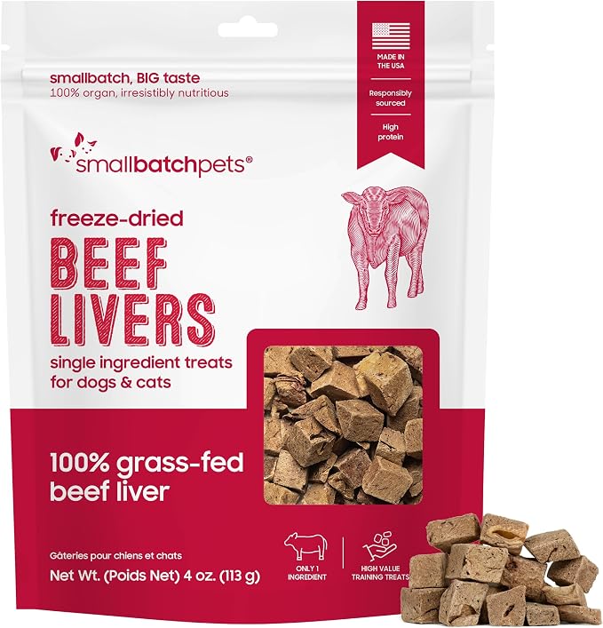 smallbatch Freeze Dried Dog Treats, Beef Liver Treats for Dogs & Cats, High Protein, Single Ingredient Dog Treat for Training or Food Topper, Natural, Humanely Sourced Meat, Made in the USA, 4 oz