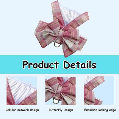 Plaid Dog Dress Bow Tie Harness Leash Set,Dog Clothes Harness Dress with Leash Ring for Small Dogs Girl, Puppy Princess Rabbit Clothes Chihuahua Yorkies Pet Outfits (Pink, X-Large)